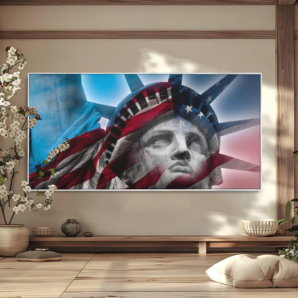 Tablou canvas cu statuia libertatii suprapusa cu steagul american, in rama de aluminiu argintiu